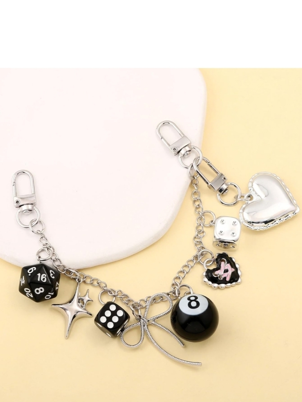 Black & Silver Charm Bracelet Keychain with 8-Ball and Dice
